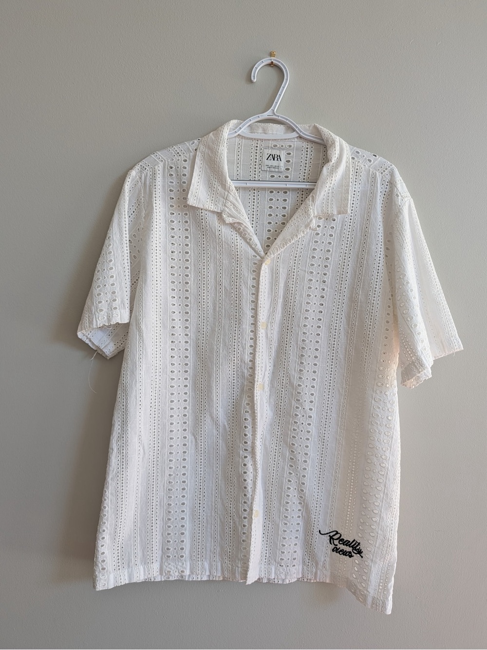 Zara Cream Eyelet Short-Sleeve Button-Down Camp Shirt
